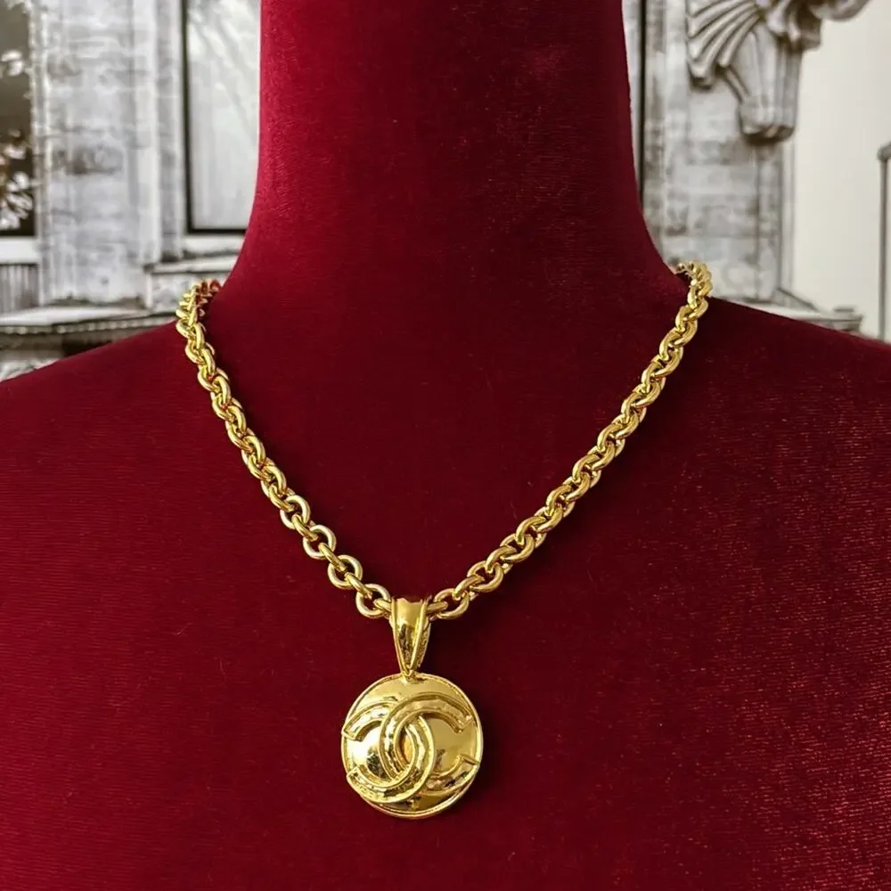 CHANEL Gold Plated CC Logos Round Charm Vintage Necklace Pendant